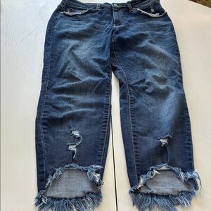 KanCan Frayed Hem Ankle Jeans - Dark Blue